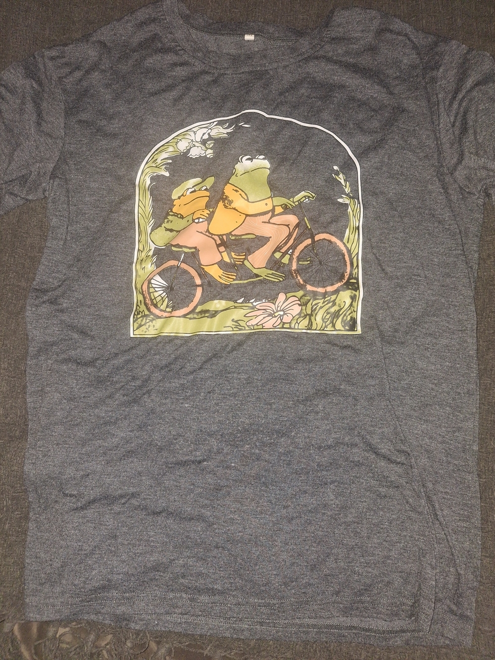Gray Short Sleeve Graphic Tee with Frog Bicycle Design